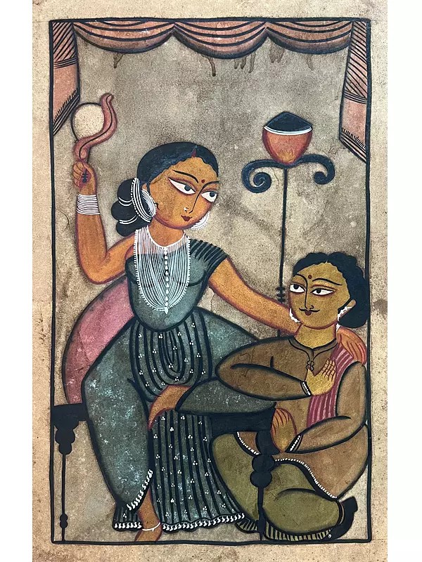 Mistress And Servant Kalighat | Stone Colors On Handmade Canvas
