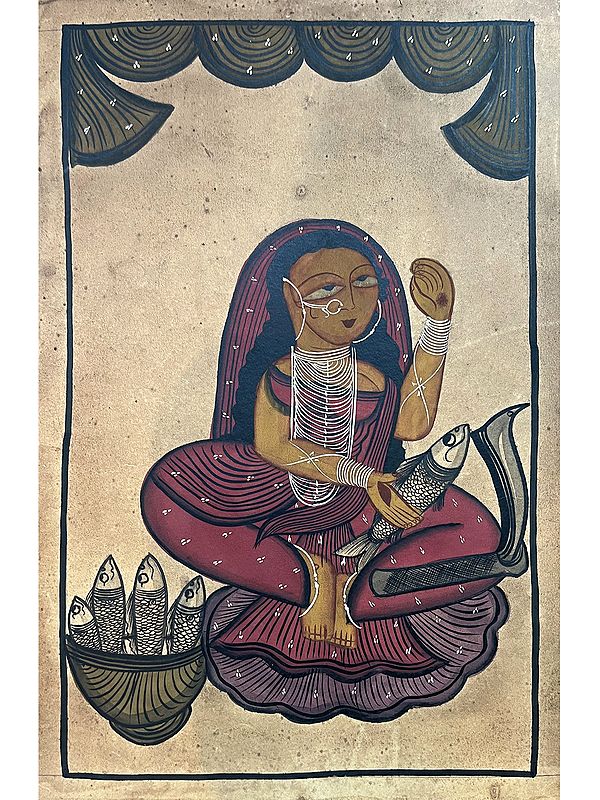 Woman Cutting Fish Kalighat | Stone Colors On Handmade Canvas