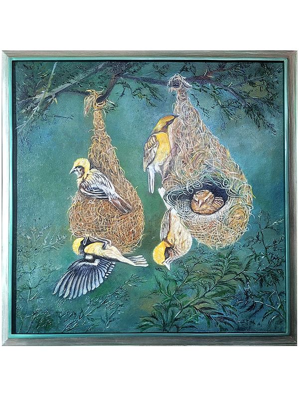 Hanging Nest Of Sunbirds | Oil On Canvas | By Alka Sengar | With Frame