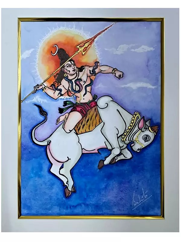 Lord Shiva with Nandi | Natural Colors on Paper | By Babita