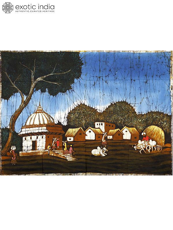 Village Scene Batik Painting on Cotton