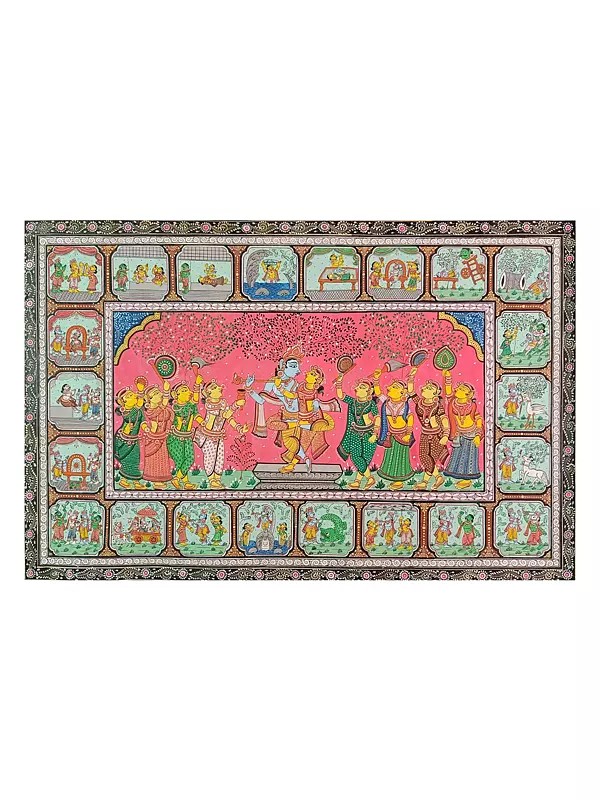 Radha and Krishna Leela with Gopis | Natural Colors on Handmade Canvas | By Sachikant