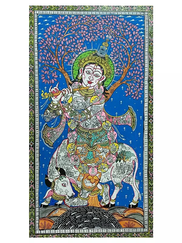 Lord Krishna Pattachitra Painting with Story | Natural Colors on Handmade Canvas | By Sachikant