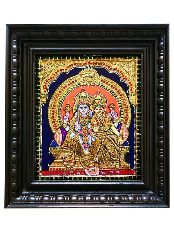 Lord Vishnu with Lakshmi Tanjore Painting with Frame | Traditional Colors with Gold Foil Work