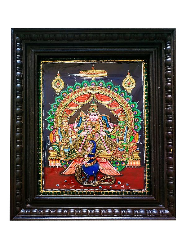 Lord Kartikeya with Valli and Deivanai | Tanjore Painting with Frame | Traditional Colors with Gold Foil Work