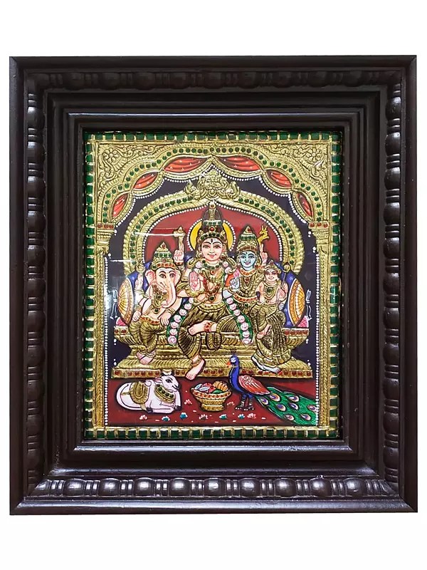 Lord Shiva Family Tanjore Painting with Frame | Traditional Colors with Gold Foil Work