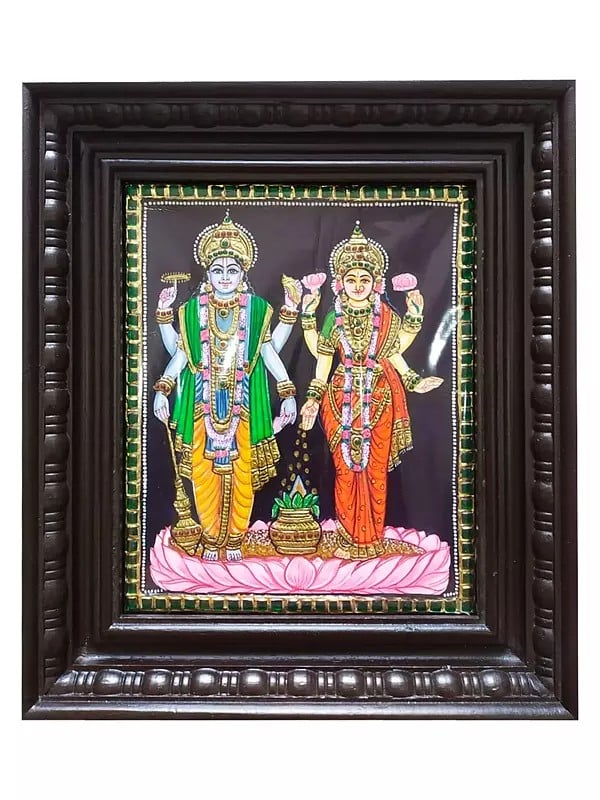 Chaturbhuj Vishnu with Lakshmi | Tanjore Painting with Frame | Traditional Colors with Gold Foil Work