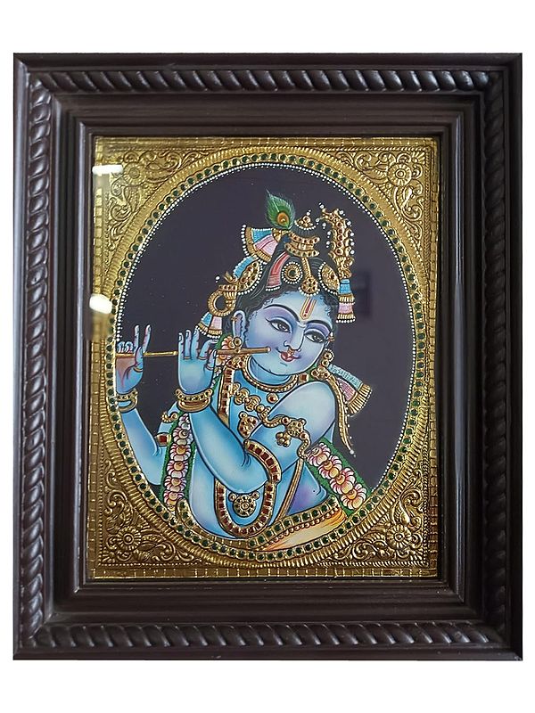 Fluting Gopal Krishna Tanjore Painting with Frame | Traditional Colors with Gold Foil Work