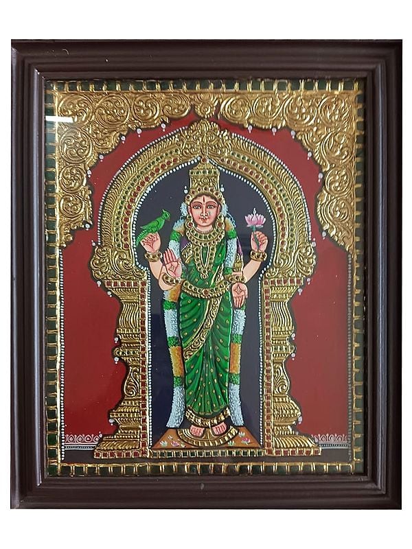 Chaturbhuj Goddess Meenakshi Amman | Tanjore Painting with Frame | Traditional Colors with Gold Foil Work