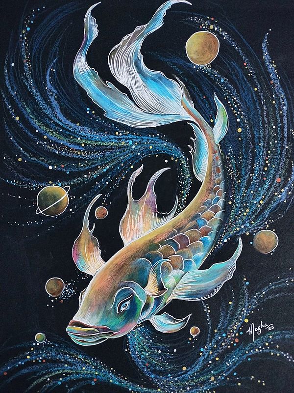 The Divine Universe with Fish | Mixed Media on Black Sheet | By Megha Chakraborty