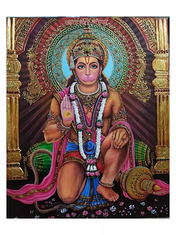 Lord Hanuman Giving Blessings | Acrylic Color With Gold Foil Work | By Arpita Khaskel