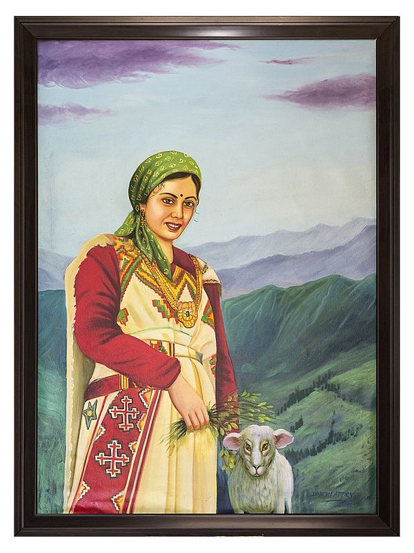 Kullu Damsel With Her Sheep | Oil On Canvas | By Dinesh Attry | With Frame