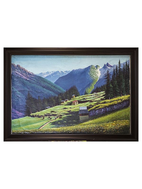 A Pahadi Shepherd Village | Oil On Canvas | By Dinesh Attry | With Frame