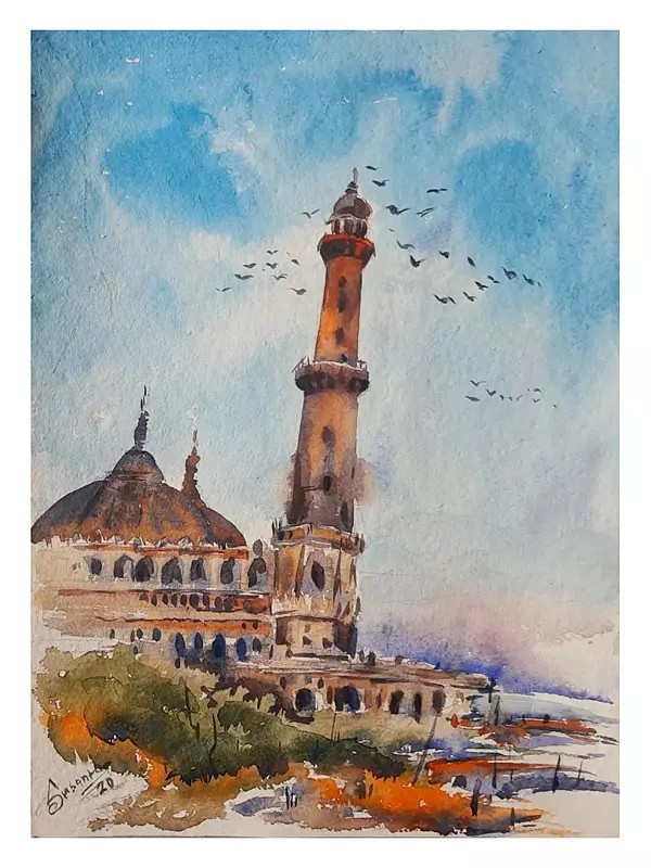Birds Around Mosque | Watercolor On Paper | By Susanta Mondal