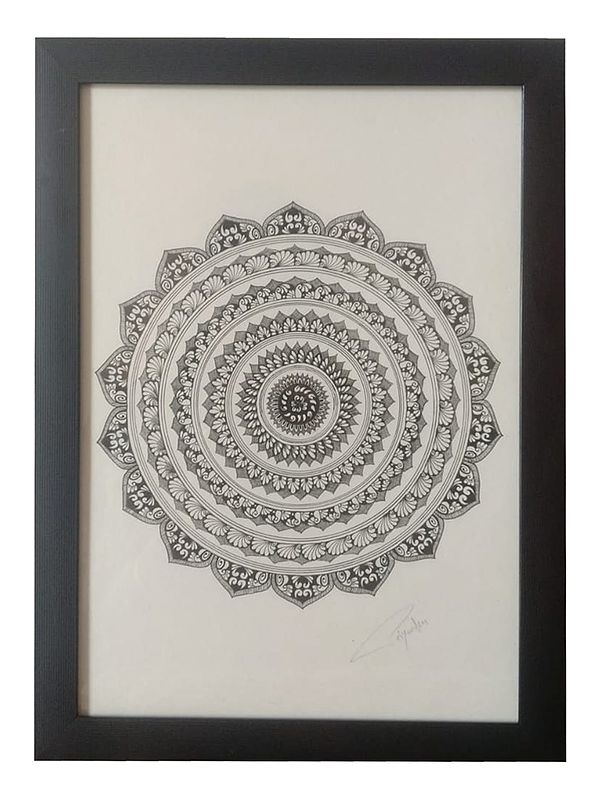 Mandala Art with Floral Circle with Frame | Pen on Canvas | By Priyanka Gupta