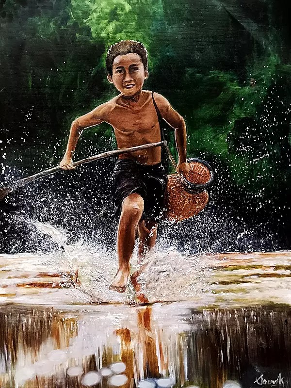 Painting of Running Boy | Oil on Canvas | Artwork by Souvik Hazra
