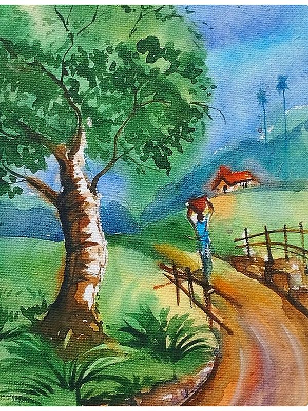 Village Scenery | Watercolor on Chitrapat Paper | By Chakradhar Mahato