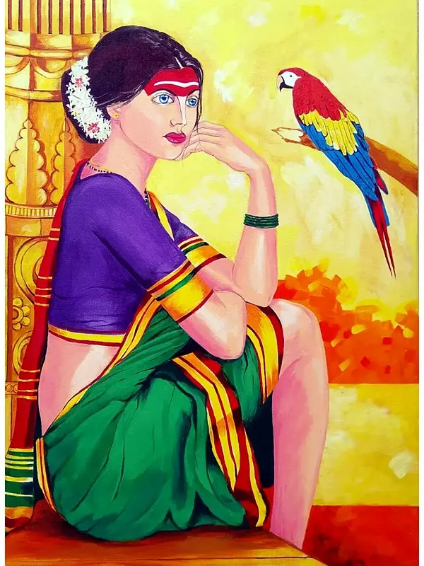 Woman Sitting With Bird | Acrylic On Canvas | By K B Shikhare