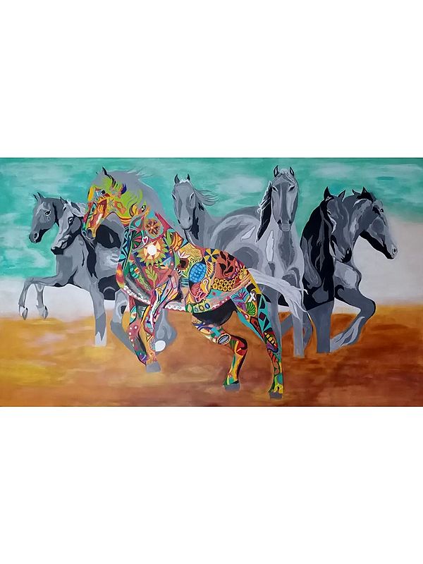Colorful Seven Desert Horses | Acrylic On Canvas | By Inderjeet