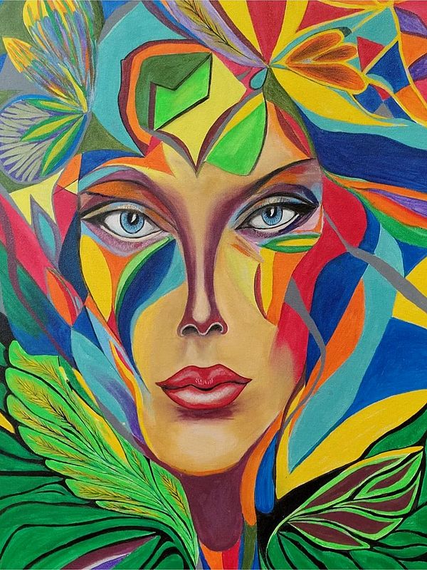 Abstract Leaves Around The Face | Acrylic On Canvas | By Inderjeet