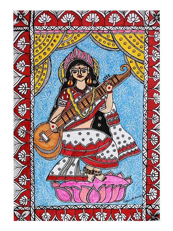 Madhubani Goddess Saraswati | Color and Pen on Watercolor Paper | By Pooja Jha