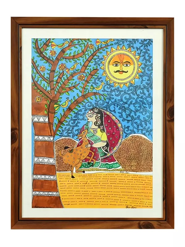 Woman With Deer | Pen And Color On Paper | By Pooja Jha | With Frame
