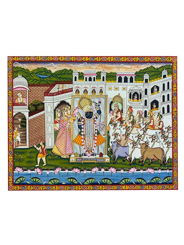 Darshan Of Shrinathji In The Palace | Natural Color On Cloth | By Dheeraj Munot