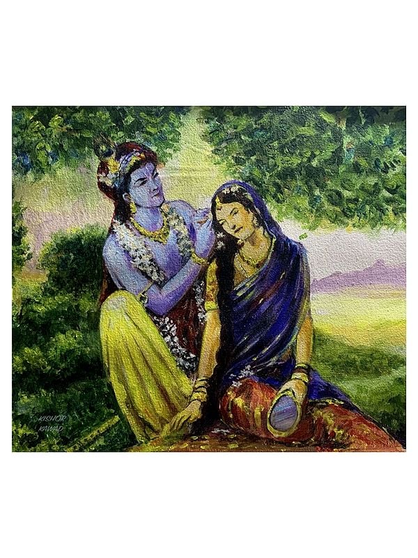 Krishna Applying Flowers To Radha | Acrylic On Canvas | By Kishore Kawad