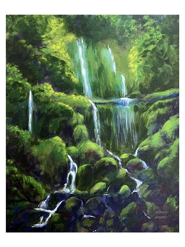 Waterfall In Forest | Acrylic On Canvas | By Kishore Kawad