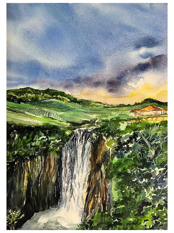 View Of Beautiful Waterfall | Watercolor On Paper | By Vaishali Singh