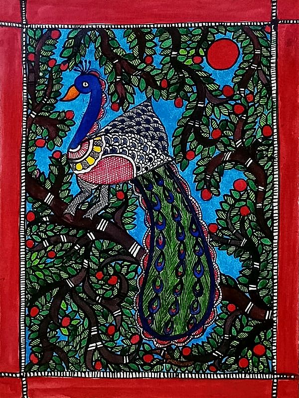 Beautiful Peacock On Branch | Cow Duck Coated On Ivory Sheet | By Ruchi Agnihotri