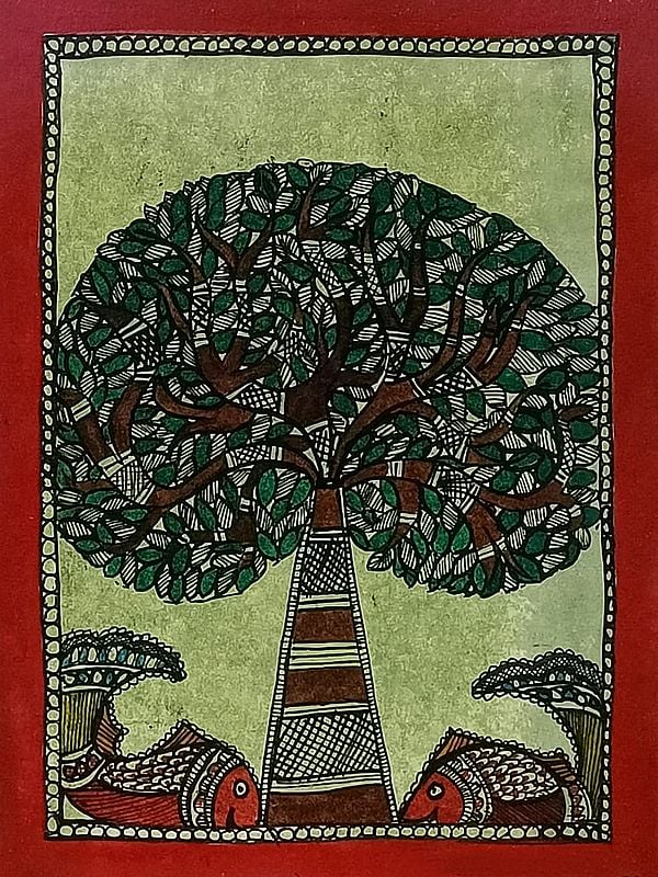 Tree Of Life With Fishes | Cow Duck Coated On Ivory Sheet | By Ruchi Agnihotri