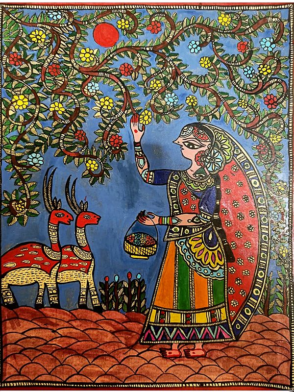 Lady Plucking Flowers | Cow Duck Coated On Ivory Sheet | By Ruchi Agnihotri