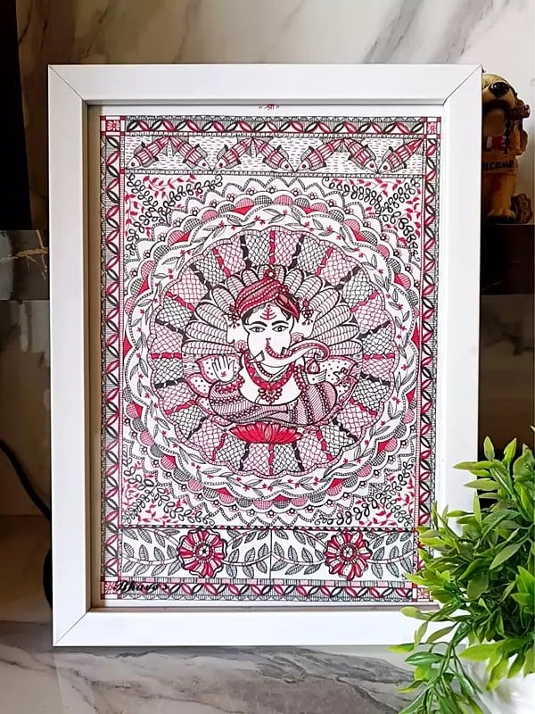 Ganesha With Turban | With Frame | Nib Pen And Acrylic On Handmade Paper | By Shrutee Bhave
