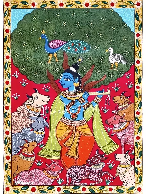 Lord Krishna In Nandanvan | Acrylic On Handmade Paper | By Shrutee Bhave