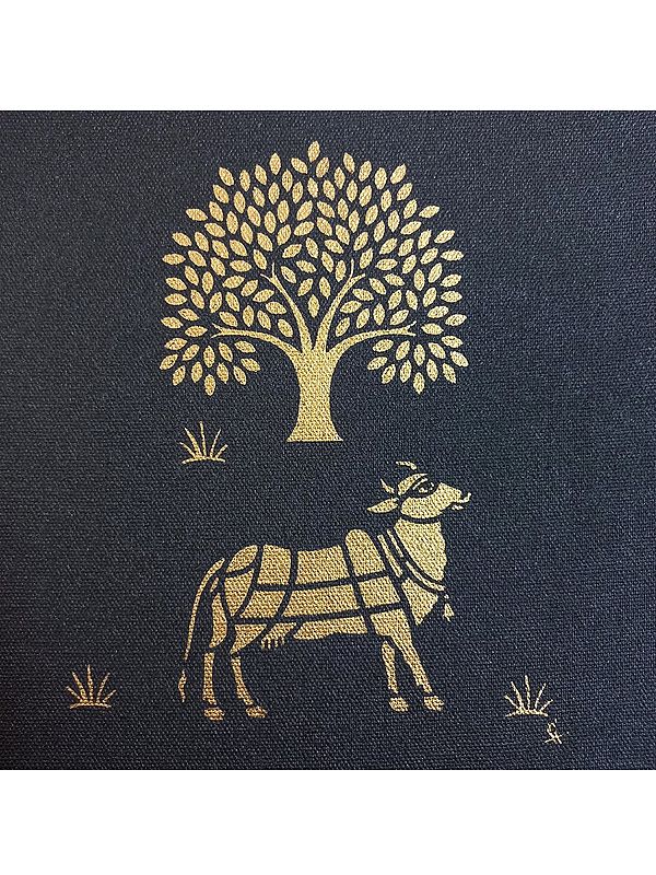Cow With Tree In Braj | Gold Paint On Stretched Canvas | By Kiran Java