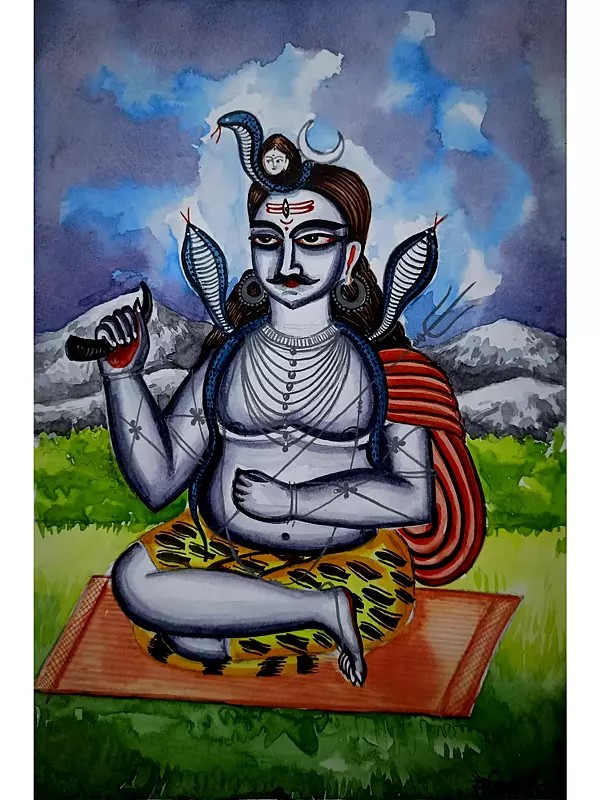 Sitting Lord Shiva - Kalighat Painting | Watercolor On Paper | By Soumick Das