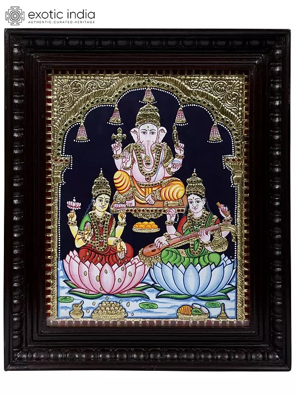 Lakshmi Ganesha Saraswati | 24 Karat Gold Work | Framed Tanjore Painting
