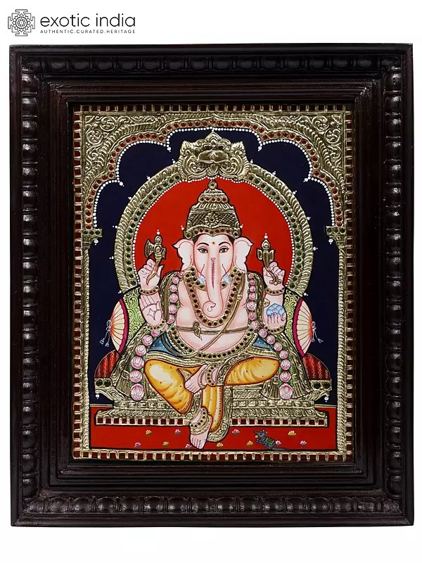 Blessing Lord Ganesha | 24 Karat Gold Work | Framed Tanjore Painting