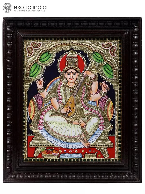 Devi Saraswati | 24 Karat Gold Work | Framed Tanjore Painting
