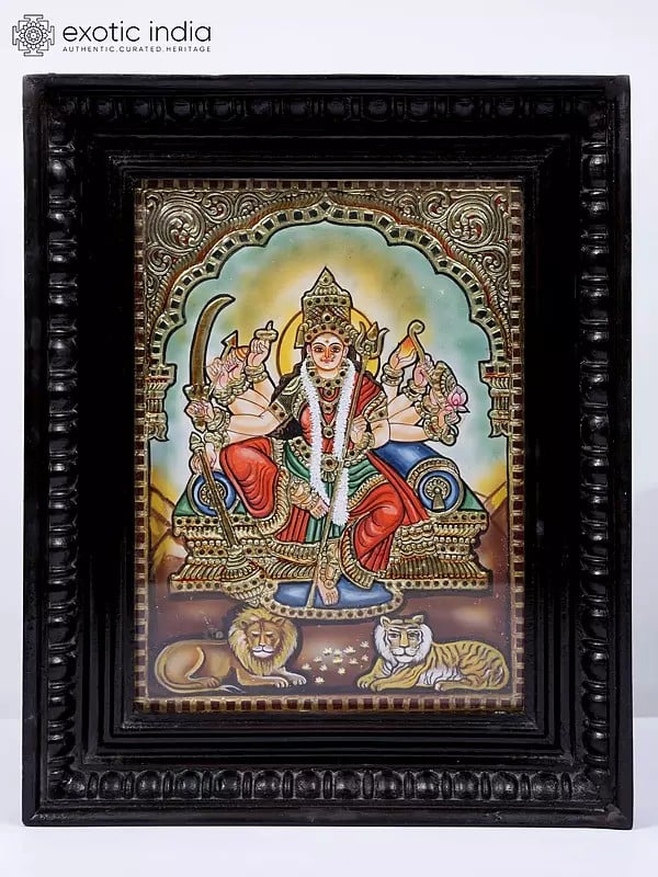 Ten-Armed Goddess Durga Framed Tanjore Painting | 24 Karat Gold Work