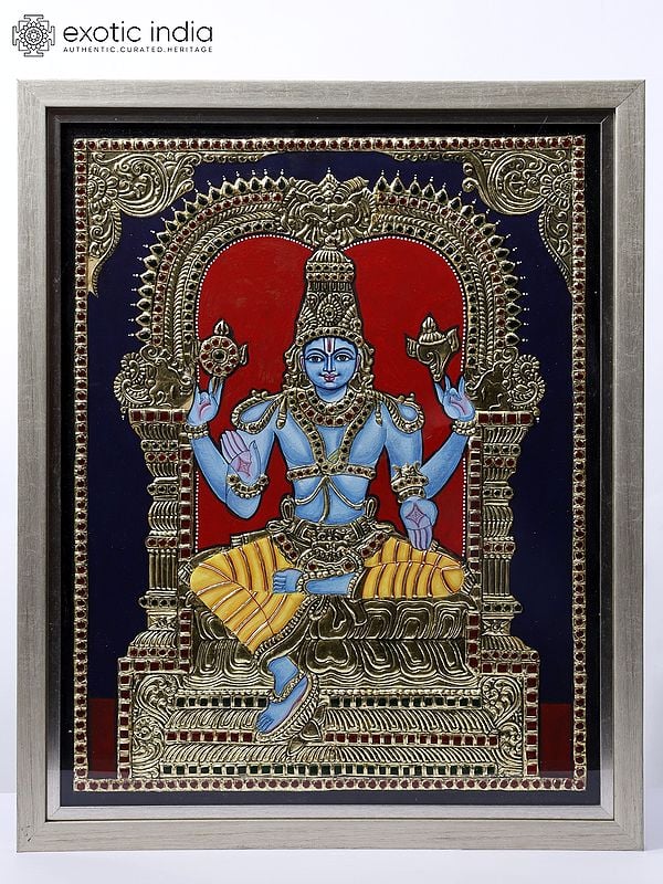Shri Hari Vishnu Seated on Kirtimukha Throne | 24 Karat Gold Work | Framed Tanjore Painting