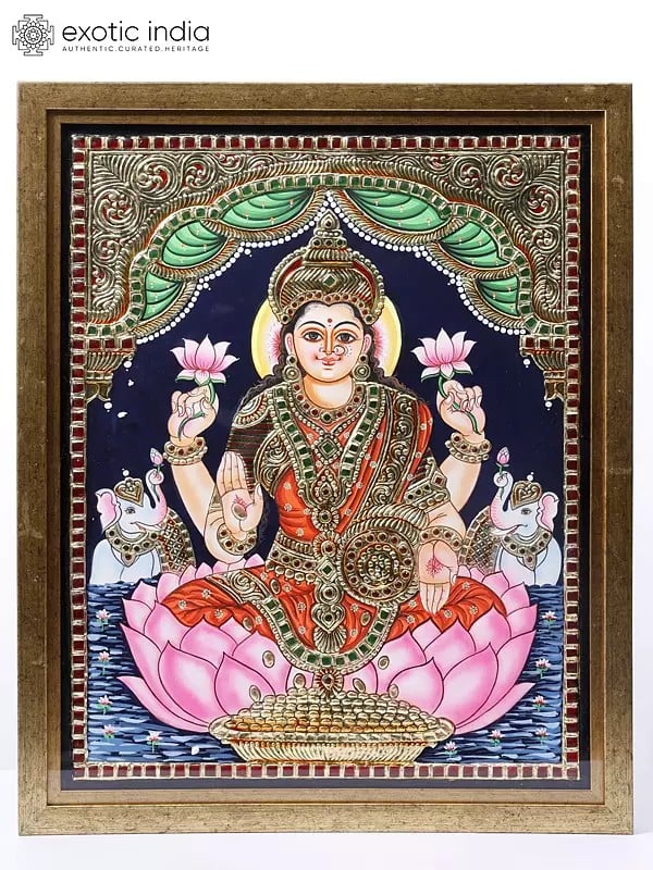Goddess Gajalakshmi Seated on Lotus | 24 Karat Gold Work | Framed Tanjore Painting