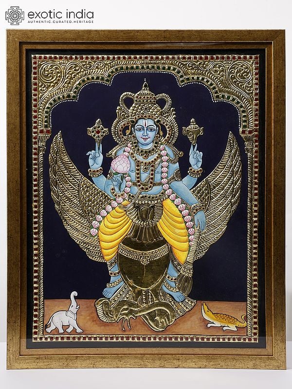 Lord Vishnu Seated on Garuda | 24 Karat Gold Work | Framed Tanjore Painting