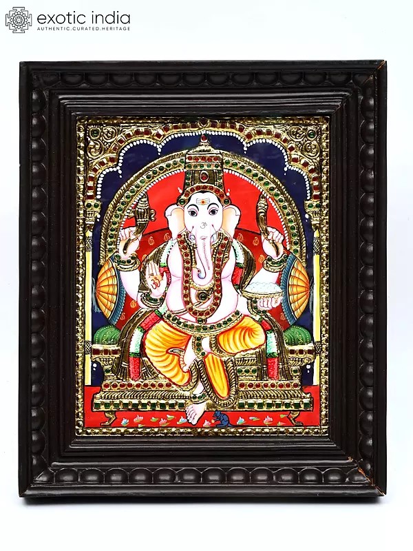 Lord Ganesha Seated on Throne | 24 Karat Gold Work | Framed Tanjore Painting