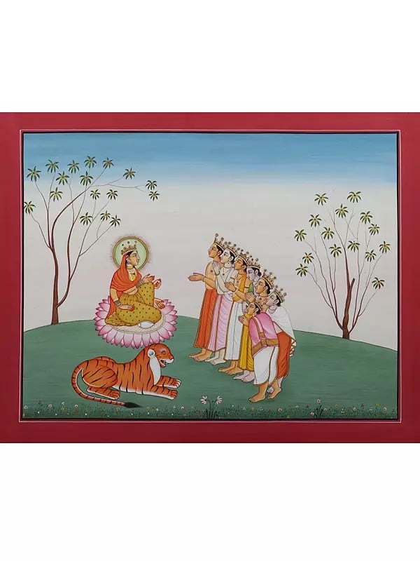 Painting of Gods Visiting Devi Parvati in Kangra-style | Watercolor on Paper