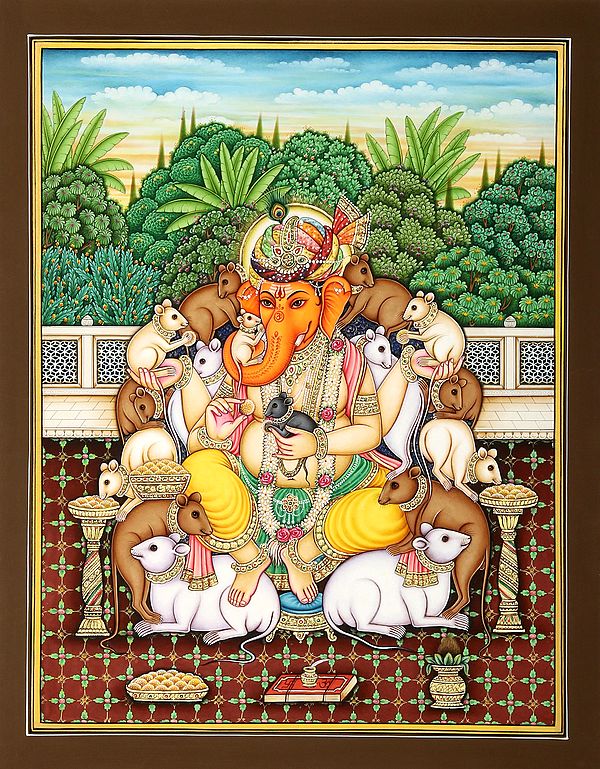 Rajasthani Turbaned Ganesha Surrounded by the Happy Rats