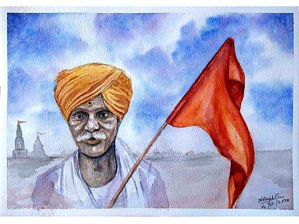 Indian Old Man Waving a Religious Flag | Painting by Noharika Deogade