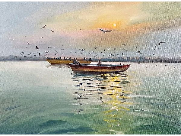 Two Boats Sunset View | Oil Painting on Canvas with Frame | Kulwinder Singh