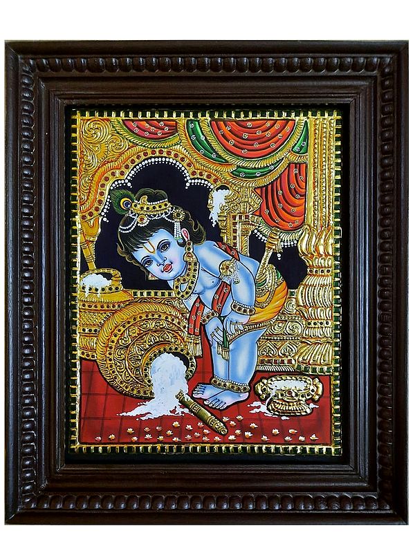 Butter Krishna Tanjore Painting with Frame | Tanjore Masterpiece by Prabhu